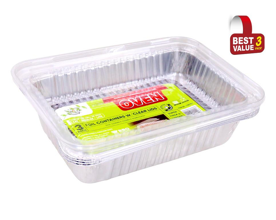 Foil Oven BBQ Trays With Clear PVC Lids 3PK