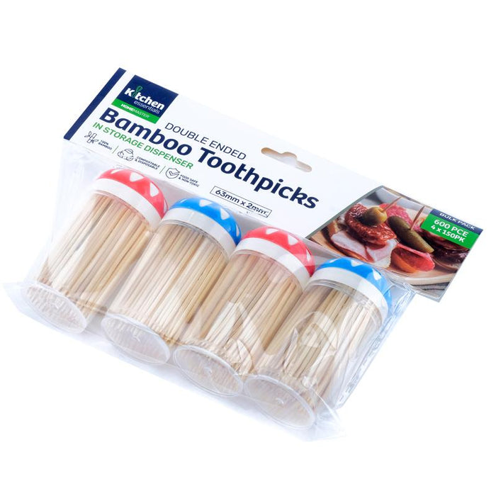 Bamboo Toothpicks in Dispenser - Includes 4 Packs of 150pcs - 600pc