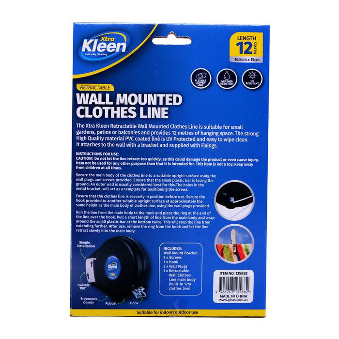 Wall Mounted Retractable Clothes Line 12 Metre