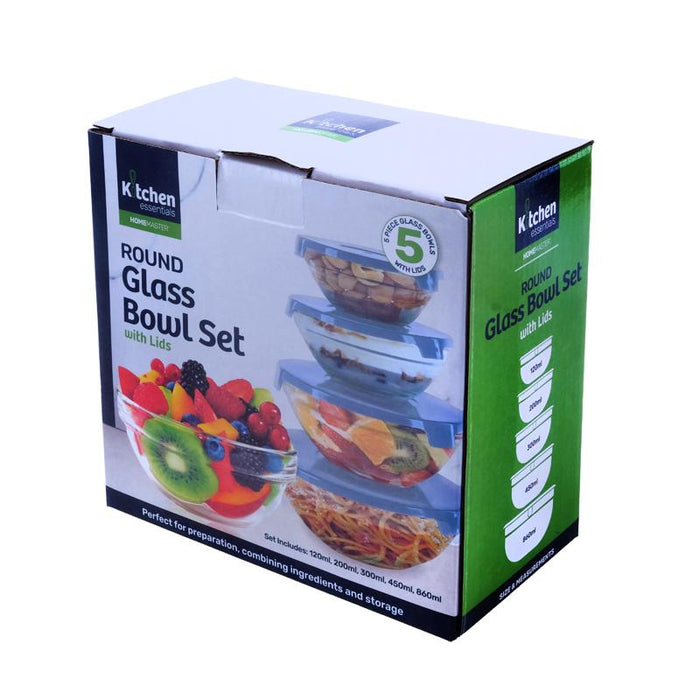 Container Set Glass Round Bowl With Lid 5pc - 120ml, 200ml, 300ml, 450ml, 860ml