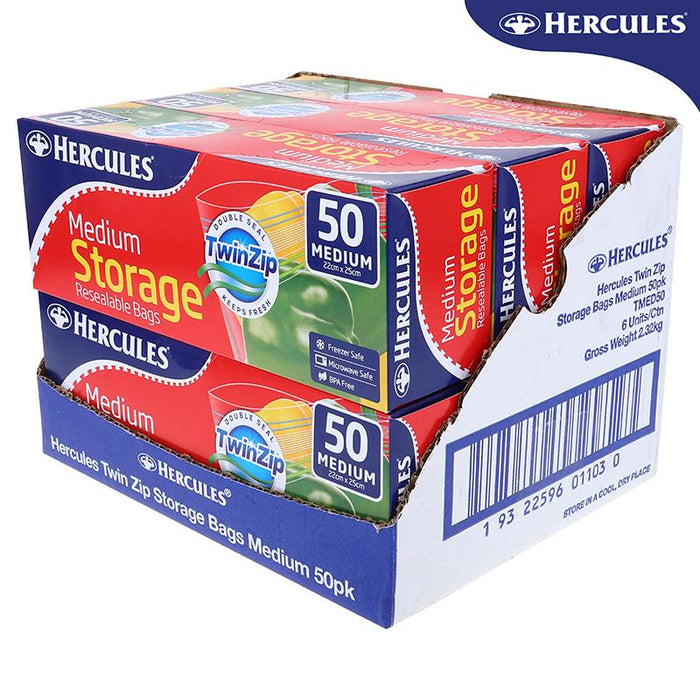 Hercules BULK 50PK Bags Storage Medium Resealable Twin Zip 22cm x 25cm