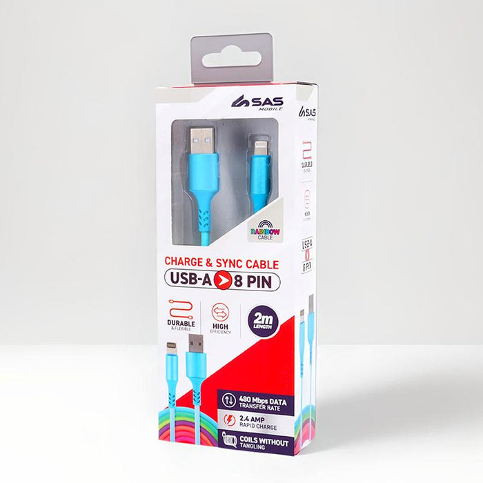 Charge & Sync USB A to 8 Pin PVC Cable - Suitable for iPhone Devices - Rainbow - 2 metre
