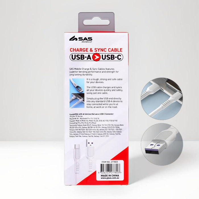 Charge & Sync USB A to Type C PVC Cable - White - 2 metre