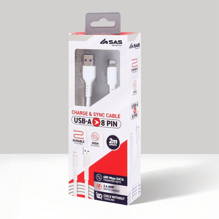 Charge & Sync USB A to 8 Pin PVC Cable - Suitable for iPhone Devices - White - 2 metre