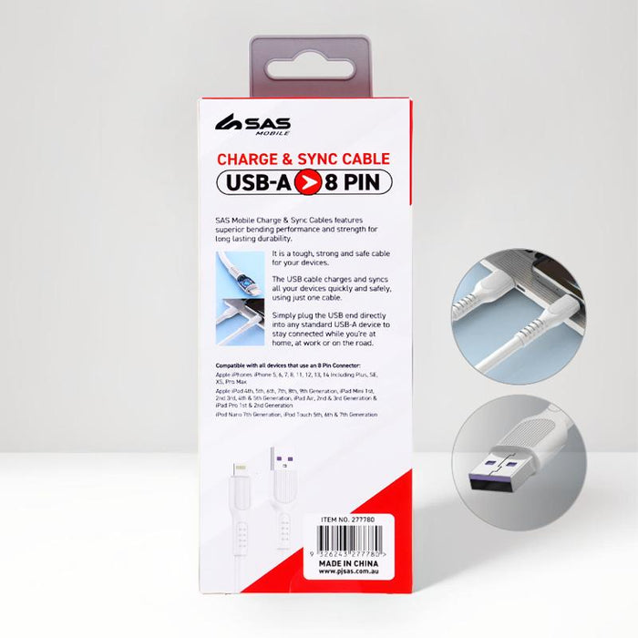 Charge & Sync USB A to 8 Pin PVC Cable - Suitable for iPhone Devices - White - 2 metre