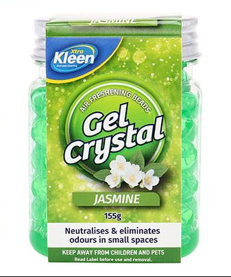 Three jars of Kleen Gel Crystal odor neutraliser gummies shown in a clean studio layout. The top jar is red and labeled Strawberry, the bottom-left is purple and labeled Lavender, and the bottom-right is green and labeled Jasmine.