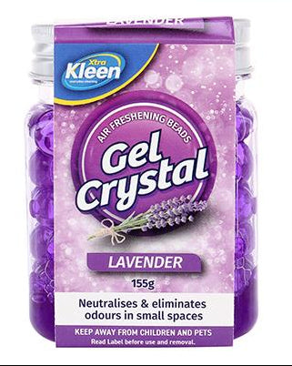 Three jars of Kleen Gel Crystal odor neutraliser gummies shown in a clean studio layout. The top jar is red and labeled Strawberry, the bottom-left is purple and labeled Lavender, and the bottom-right is green and labeled Jasmine.