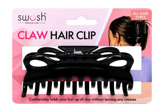 Two Swosh claw hair clips on retail cards, one black and one reddish-brown, shown against a white background with pink packaging.