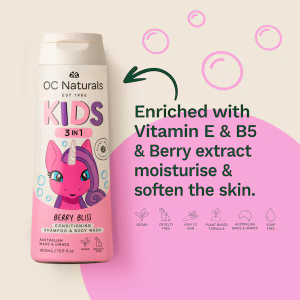 OC Naturals Kids 3-In-1 Shampoo, Conditioner + Body Wash Berry Bliss 400ml
