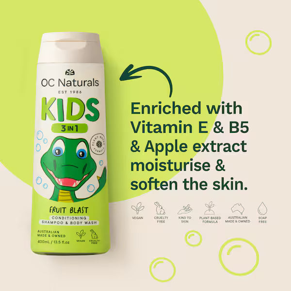 OC Naturals Kids 3-In-1 Shampoo, Conditioner + Body Wash Fruit Blast 400ml