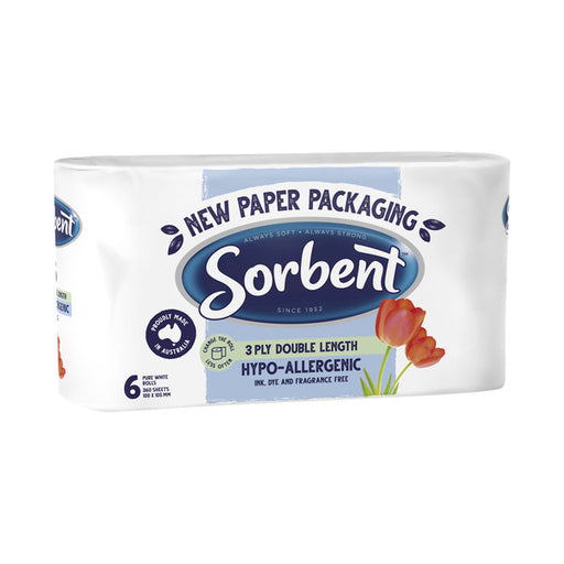 Sorbent Double Length 3 Ply Hypoallergenic Toilet Paper 6 PK