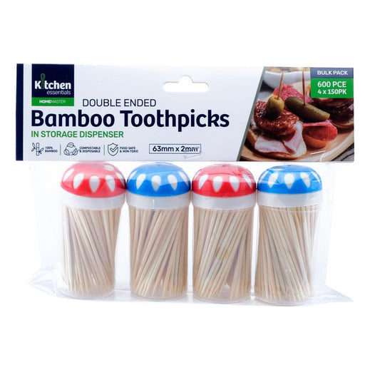 Bamboo Toothpicks in Dispenser - Includes 4 Packs of 150pcs - 600pc