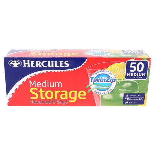 Bulk 50 PK Hercules Storage Bags Medium Twin Zip 22cm x 25cm