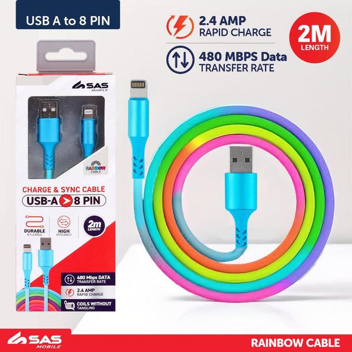 Charge & Sync USB A to 8 Pin PVC Cable - Suitable for iPhone Devices - Rainbow - 2 metre