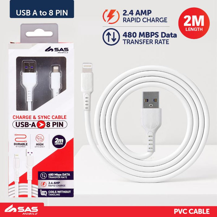 Charge & Sync USB A to 8 Pin PVC Cable - Suitable for iPhone Devices - White - 2 metre