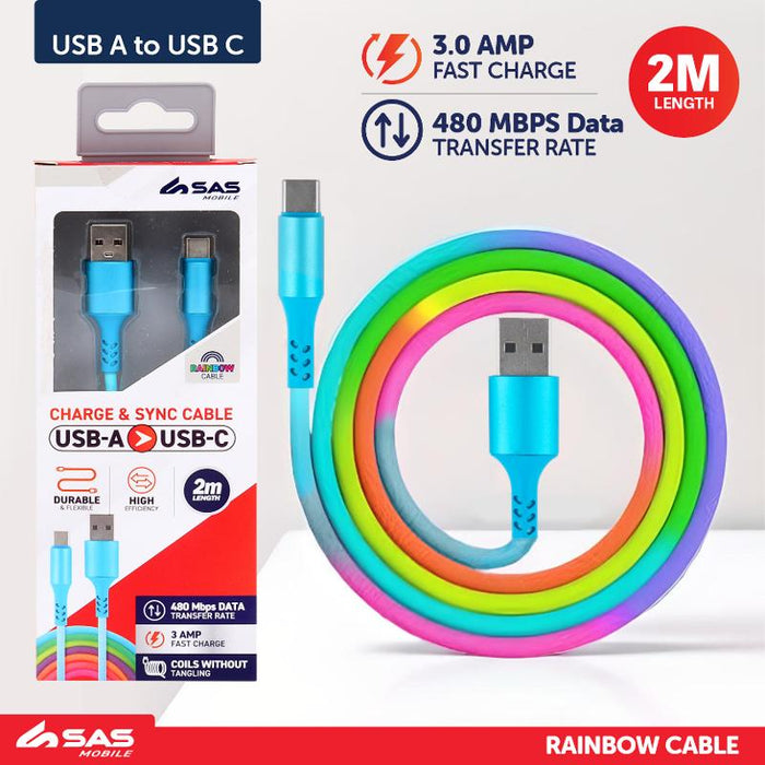 Charge & Sync USB A to Type C PVC Cable - Rainbow - 2 metre