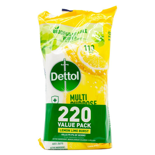 Dettol PK110 x 2 Multi Purpose Wipes Value Pack Lemon Lime Burst