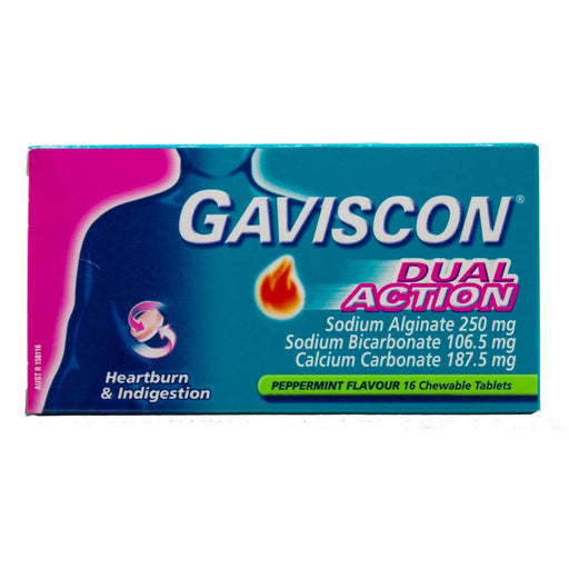 Gaviscon Dual Action Chewable Tablets Peppermint Heartburn & Indigestion Relief 16 Pack