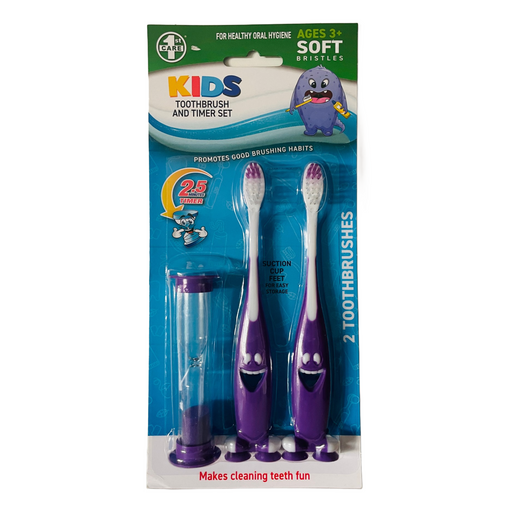 Kids Toothbrush and Timer Set Includes 2x Soft Bristle Brushes and 1x Timer  - PURPLE