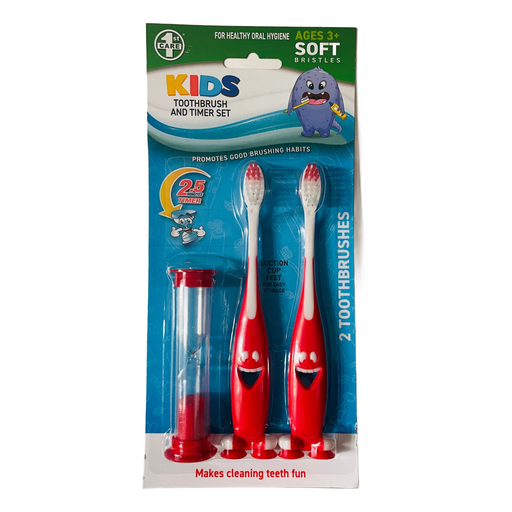 Kids Toothbrush and Timer Set Includes 2x Soft Bristle Brushes and 1x Timer  - RED