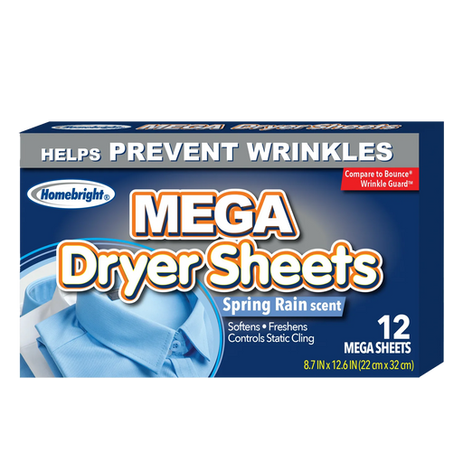 Mega Dryer Sheets Prevents Wrinkles - Spring Rain 12PK