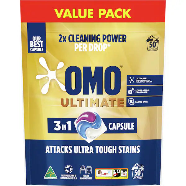 OMO Bulk 50PK Ultimate 3 In 1 Laundry Liquid Capsules