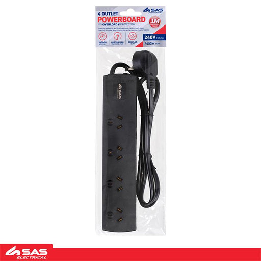 Power Board 4 Outlets with Surge Protection 1 Metre Cord - Black