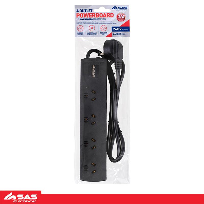 Power Board 4 Outlets with Surge Protection 1 Metre Cord - Black