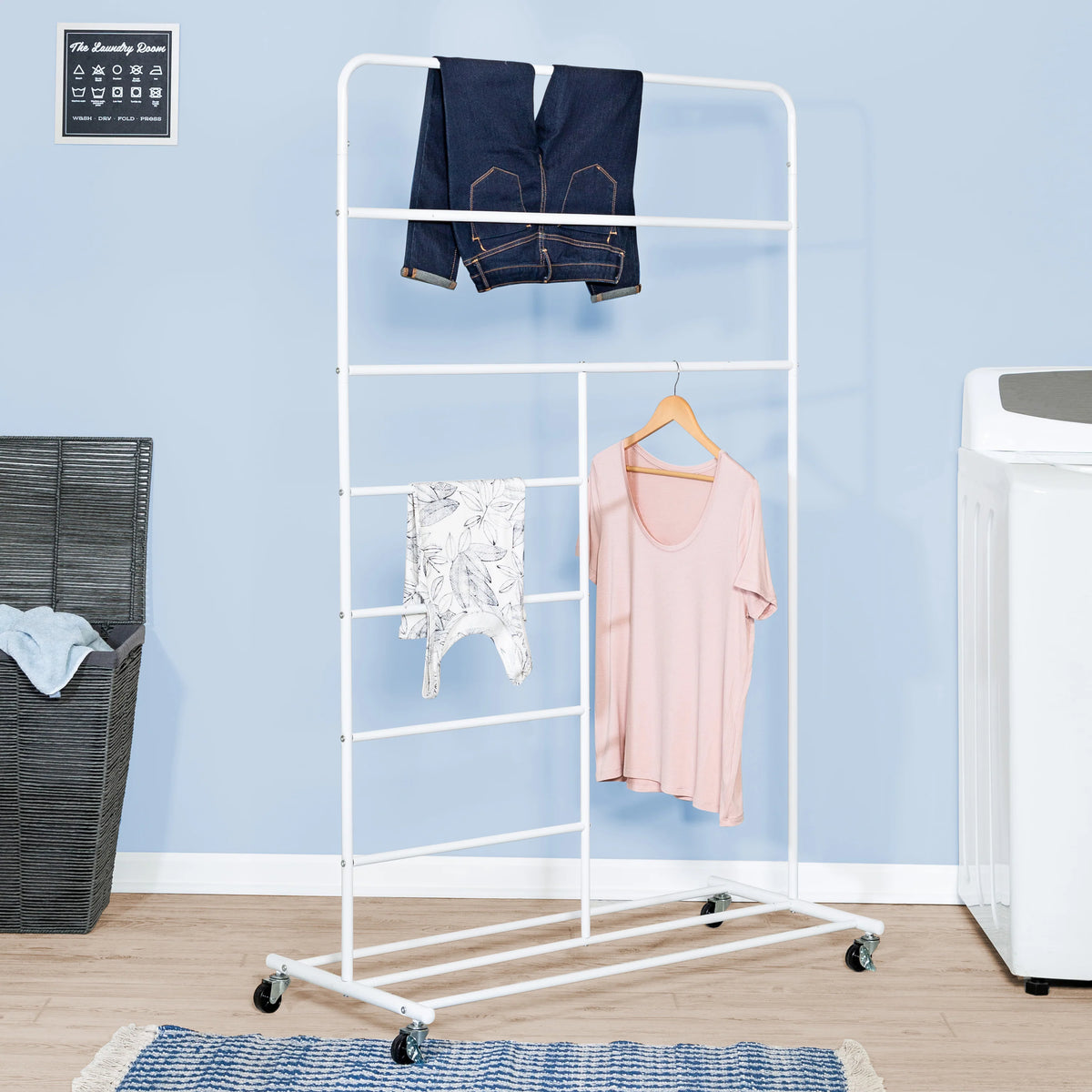 White Multi-Section Rolling T-Bar Drying Rack — Super Savvy Savings